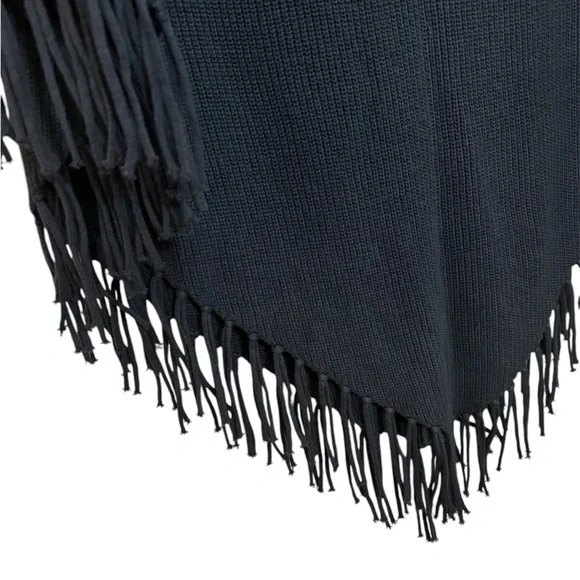 Soft Blue Poncho Sweater with Cowl Neck and Fringe - Picture 3 of 8